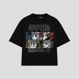 Playera streetwear premium de anime y gaming ExtraLife MX, corte boxy oversized drop shoulder heavyweight en color Deep Black y Off-White, moda urbana mexicana de culto.