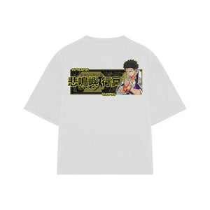 Playera streetwear premium de anime y gaming ExtraLife MX, corte boxy oversized drop shoulder heavyweight en color Deep Black y Off-White, moda urbana mexicana de culto.