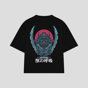 Playera streetwear premium de anime y gaming ExtraLife MX, corte boxy oversized drop shoulder heavyweight en color Deep Black y Off-White, moda urbana mexicana de culto.
