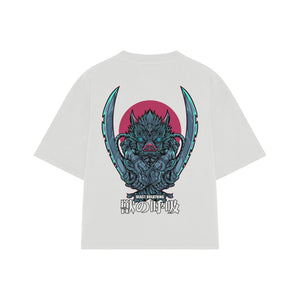 Playera streetwear premium de anime y gaming ExtraLife MX, corte boxy oversized drop shoulder heavyweight en color Deep Black y Off-White, moda urbana mexicana de culto.