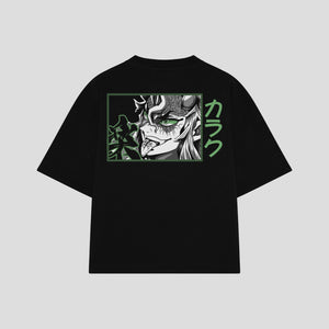 Playera streetwear premium de anime y gaming ExtraLife MX, corte boxy oversized drop shoulder heavyweight en color Deep Black y Off-White, moda urbana mexicana de culto.