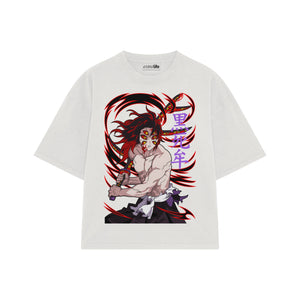 Playera streetwear premium de anime y gaming ExtraLife MX, corte boxy oversized drop shoulder heavyweight en color Deep Black y Off-White, moda urbana mexicana de culto.