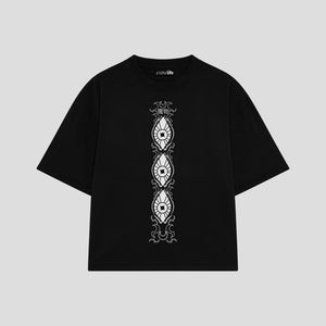 Playera streetwear premium de anime y gaming ExtraLife MX, corte boxy oversized drop shoulder heavyweight en color Deep Black y Off-White, moda urbana mexicana de culto.