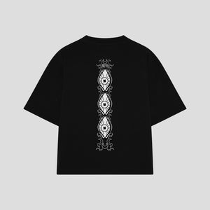 Playera streetwear premium de anime y gaming ExtraLife MX, corte boxy oversized drop shoulder heavyweight en color Deep Black y Off-White, moda urbana mexicana de culto.