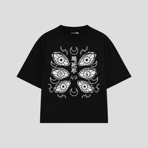 Playera streetwear premium de anime y gaming ExtraLife MX, corte boxy oversized drop shoulder heavyweight en color Deep Black y Off-White, moda urbana mexicana de culto.
