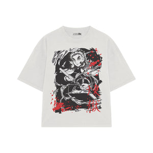 Playera streetwear premium de anime y gaming ExtraLife MX, corte boxy oversized drop shoulder heavyweight en color Deep Black y Off-White, moda urbana mexicana de culto.