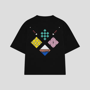 Playera streetwear premium de anime y gaming ExtraLife MX, corte boxy oversized drop shoulder heavyweight en color Deep Black y Off-White, moda urbana mexicana de culto.