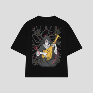 Playera streetwear premium de anime y gaming ExtraLife MX, corte boxy oversized drop shoulder heavyweight en color Deep Black y Off-White, moda urbana mexicana de culto.