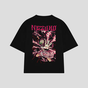 Playera streetwear premium de anime y gaming ExtraLife MX, corte boxy oversized drop shoulder heavyweight en color Deep Black y Off-White, moda urbana mexicana de culto.