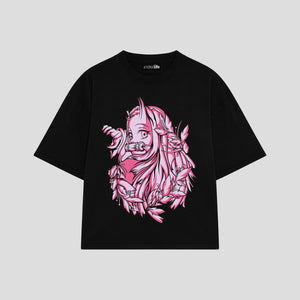 Playera streetwear premium de anime y gaming ExtraLife MX, corte boxy oversized drop shoulder heavyweight en color Deep Black y Off-White, moda urbana mexicana de culto.