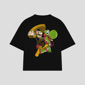 Playera streetwear premium de anime y gaming ExtraLife MX, corte boxy oversized drop shoulder heavyweight en color Deep Black y Off-White, moda urbana mexicana de culto.