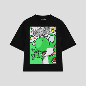 Playera streetwear premium de anime y gaming ExtraLife MX, corte boxy oversized drop shoulder heavyweight en color Deep Black y Off-White, moda urbana mexicana de culto.