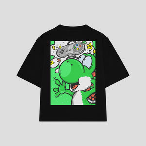 Playera streetwear premium de anime y gaming ExtraLife MX, corte boxy oversized drop shoulder heavyweight en color Deep Black y Off-White, moda urbana mexicana de culto.
