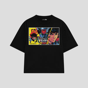 Playera streetwear premium de anime y gaming ExtraLife MX, corte boxy oversized drop shoulder heavyweight en color Deep Black y Off-White, moda urbana mexicana de culto.