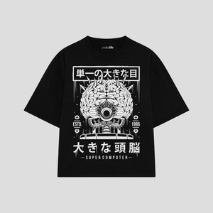 Playera streetwear premium de anime y gaming ExtraLife MX, corte boxy oversized drop shoulder heavyweight en color Deep Black y Off-White, moda urbana mexicana de culto.