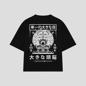 Playera streetwear premium de anime y gaming ExtraLife MX, corte boxy oversized drop shoulder heavyweight en color Deep Black y Off-White, moda urbana mexicana de culto.