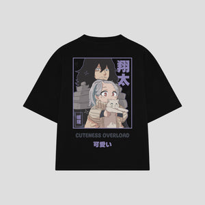 Playera streetwear premium de anime y gaming ExtraLife MX, corte boxy oversized drop shoulder heavyweight en color Deep Black y Off-White, moda urbana mexicana de culto.