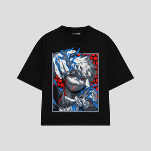 Playera streetwear premium de anime y gaming ExtraLife MX, corte boxy oversized drop shoulder heavyweight en color Deep Black y Off-White, moda urbana mexicana de culto.