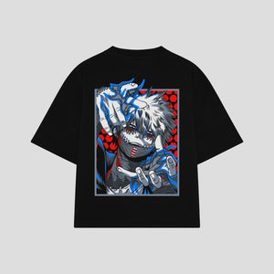 Playera streetwear premium de anime y gaming ExtraLife MX, corte boxy oversized drop shoulder heavyweight en color Deep Black y Off-White, moda urbana mexicana de culto.