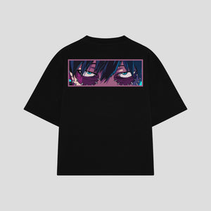 Playera streetwear premium de anime y gaming ExtraLife MX, corte boxy oversized drop shoulder heavyweight en color Deep Black y Off-White, moda urbana mexicana de culto.
