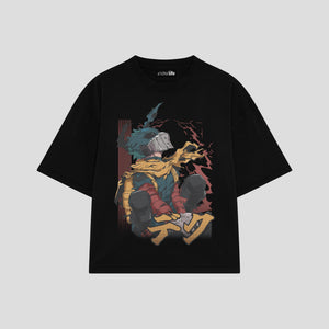 Playera streetwear premium de anime y gaming ExtraLife MX, corte boxy oversized drop shoulder heavyweight en color Deep Black y Off-White, moda urbana mexicana de culto.