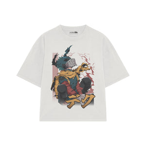 Playera streetwear premium de anime y gaming ExtraLife MX, corte boxy oversized drop shoulder heavyweight en color Deep Black y Off-White, moda urbana mexicana de culto.