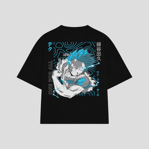 Playera streetwear premium de anime y gaming ExtraLife MX, corte boxy oversized drop shoulder heavyweight en color Deep Black y Off-White, moda urbana mexicana de culto.
