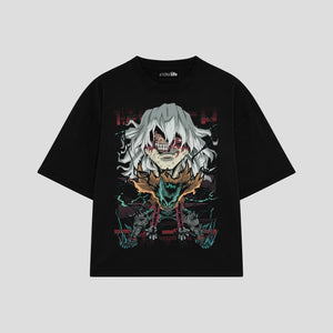 Playera streetwear premium de anime y gaming ExtraLife MX, corte boxy oversized drop shoulder heavyweight en color Deep Black y Off-White, moda urbana mexicana de culto.