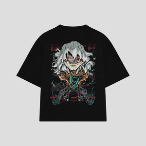 Playera streetwear premium de anime y gaming ExtraLife MX, corte boxy oversized drop shoulder heavyweight en color Deep Black y Off-White, moda urbana mexicana de culto.