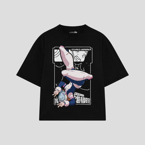 Playera streetwear premium de anime y gaming ExtraLife MX, corte boxy oversized drop shoulder heavyweight en color Deep Black y Off-White, moda urbana mexicana de culto.