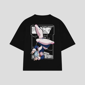 Playera streetwear premium de anime y gaming ExtraLife MX, corte boxy oversized drop shoulder heavyweight en color Deep Black y Off-White, moda urbana mexicana de culto.