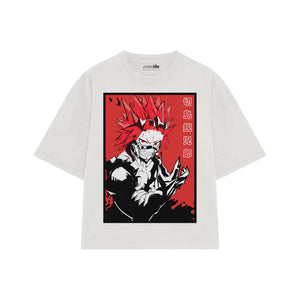 Playera streetwear premium de anime y gaming ExtraLife MX, corte boxy oversized drop shoulder heavyweight en color Deep Black y Off-White, moda urbana mexicana de culto.