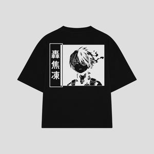 Playera streetwear premium de anime y gaming ExtraLife MX, corte boxy oversized drop shoulder heavyweight en color Deep Black y Off-White, moda urbana mexicana de culto.