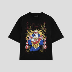 Playera streetwear premium de anime y gaming ExtraLife MX, corte boxy oversized drop shoulder heavyweight en color Deep Black y Off-White, moda urbana mexicana de culto.