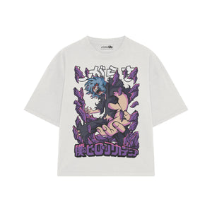 Playera streetwear premium de anime y gaming ExtraLife MX, corte boxy oversized drop shoulder heavyweight en color Deep Black y Off-White, moda urbana mexicana de culto.