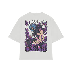Playera streetwear premium de anime y gaming ExtraLife MX, corte boxy oversized drop shoulder heavyweight en color Deep Black y Off-White, moda urbana mexicana de culto.