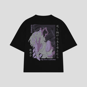 Playera streetwear premium de anime y gaming ExtraLife MX, corte boxy oversized drop shoulder heavyweight en color Deep Black y Off-White, moda urbana mexicana de culto.