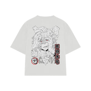 Playera streetwear premium de anime y gaming ExtraLife MX, corte boxy oversized drop shoulder heavyweight en color Deep Black y Off-White, moda urbana mexicana de culto.