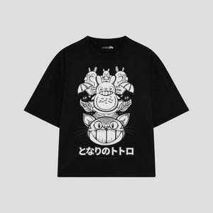 Playera streetwear premium de anime y gaming ExtraLife MX, corte boxy oversized drop shoulder heavyweight en color Deep Black y Off-White, moda urbana mexicana de culto.