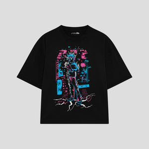 Playera streetwear premium de anime y gaming ExtraLife MX, corte boxy oversized drop shoulder heavyweight en color Deep Black y Off-White, moda urbana mexicana de culto.