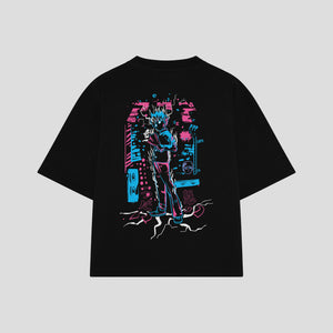 Playera streetwear premium de anime y gaming ExtraLife MX, corte boxy oversized drop shoulder heavyweight en color Deep Black y Off-White, moda urbana mexicana de culto.