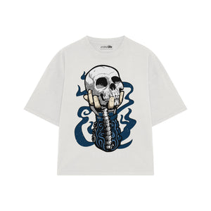 Playera streetwear premium de anime y gaming ExtraLife MX, corte boxy oversized drop shoulder heavyweight en color Deep Black y Off-White, moda urbana mexicana de culto.