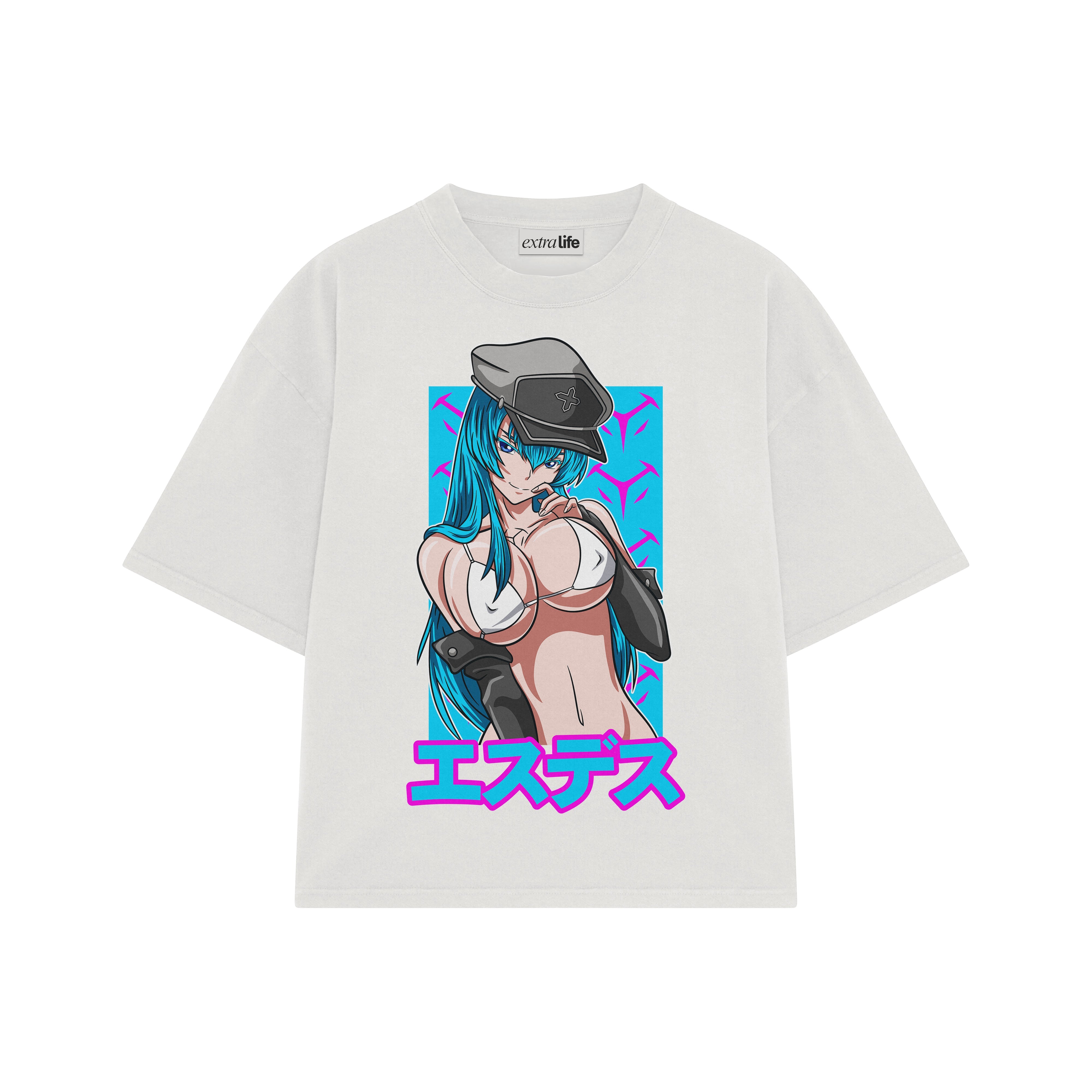 Playera streetwear premium de anime y gaming ExtraLife MX, corte boxy oversized drop shoulder heavyweight en color Deep Black y Off-White, moda urbana mexicana de culto.