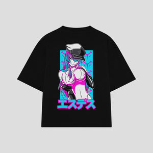 Playera streetwear premium de anime y gaming ExtraLife MX, corte boxy oversized drop shoulder heavyweight en color Deep Black y Off-White, moda urbana mexicana de culto.