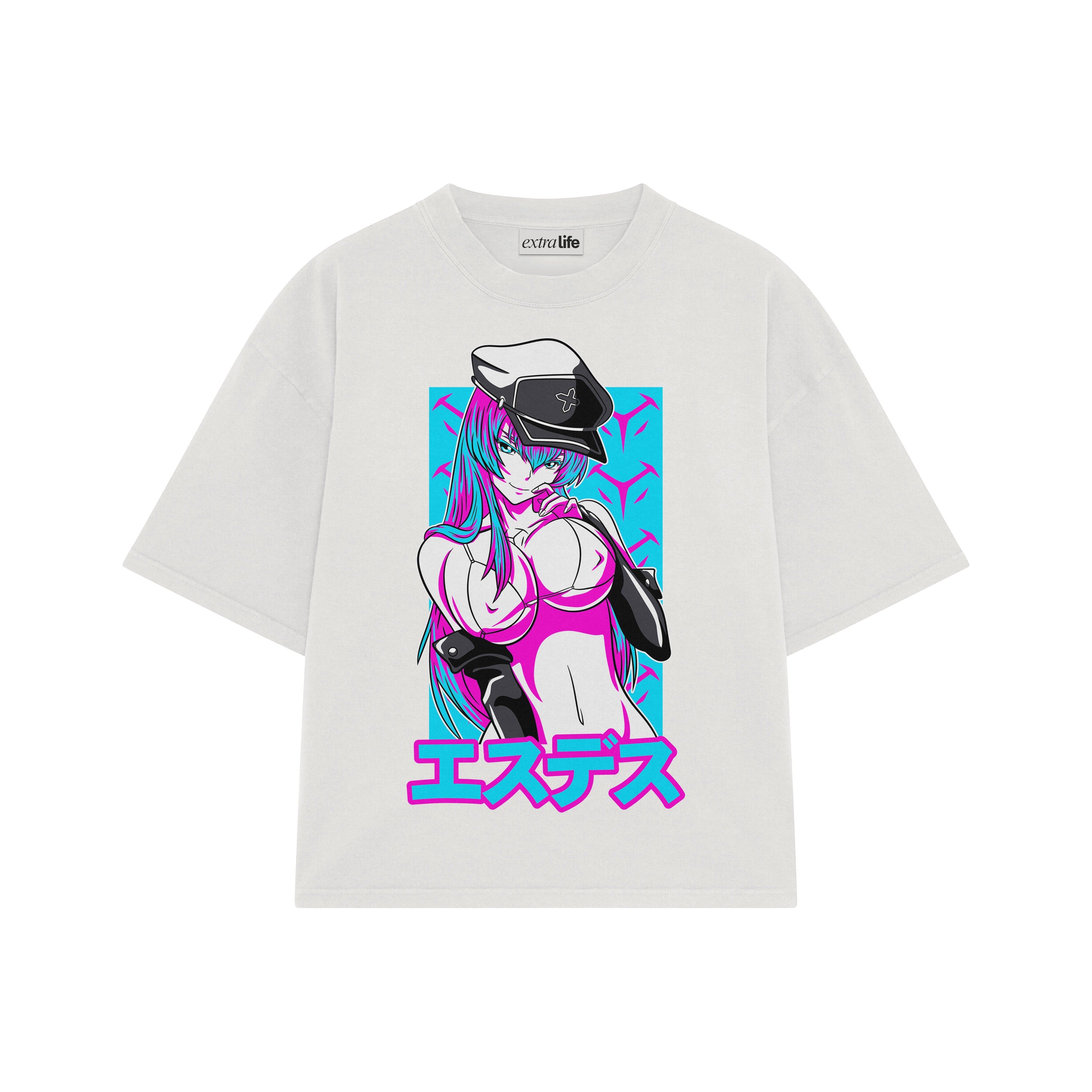 Playera streetwear premium de anime y gaming ExtraLife MX, corte boxy oversized drop shoulder heavyweight en color Deep Black y Off-White, moda urbana mexicana de culto.
