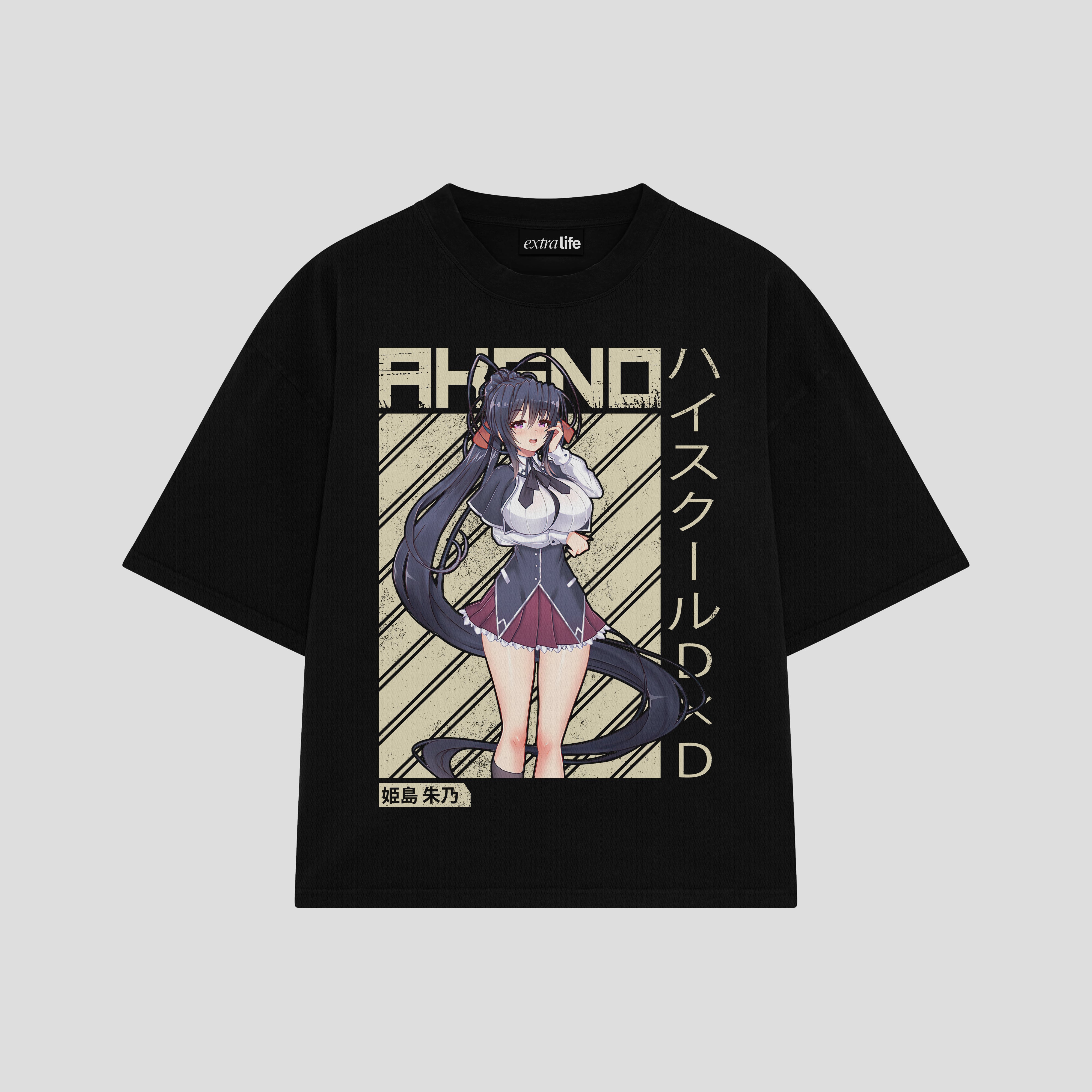 Playera streetwear premium de anime y gaming ExtraLife MX, corte boxy oversized drop shoulder heavyweight en color Deep Black y Off-White, moda urbana mexicana de culto.