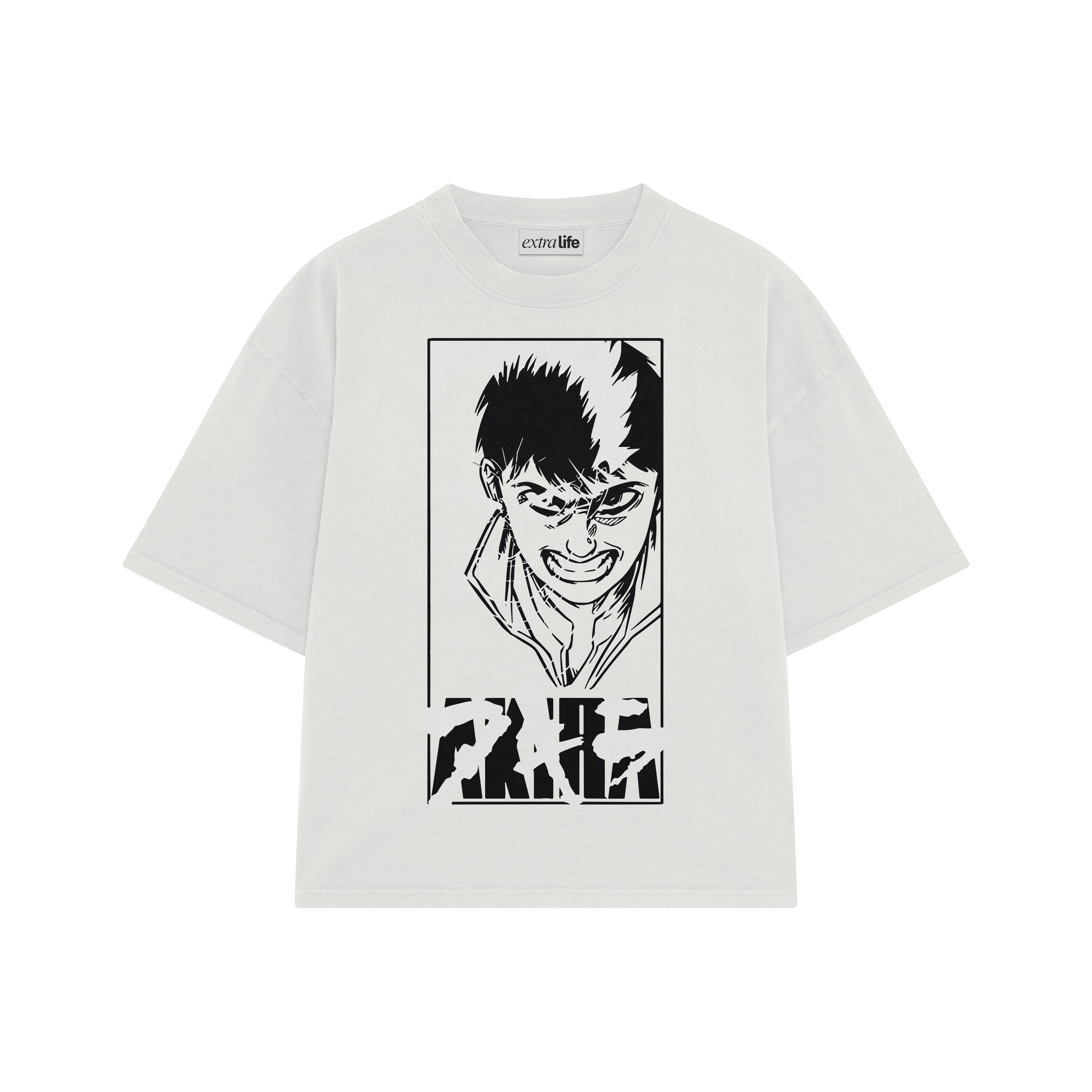Playera streetwear premium de anime y gaming ExtraLife MX, corte boxy oversized drop shoulder heavyweight en color Deep Black y Off-White, moda urbana mexicana de culto.