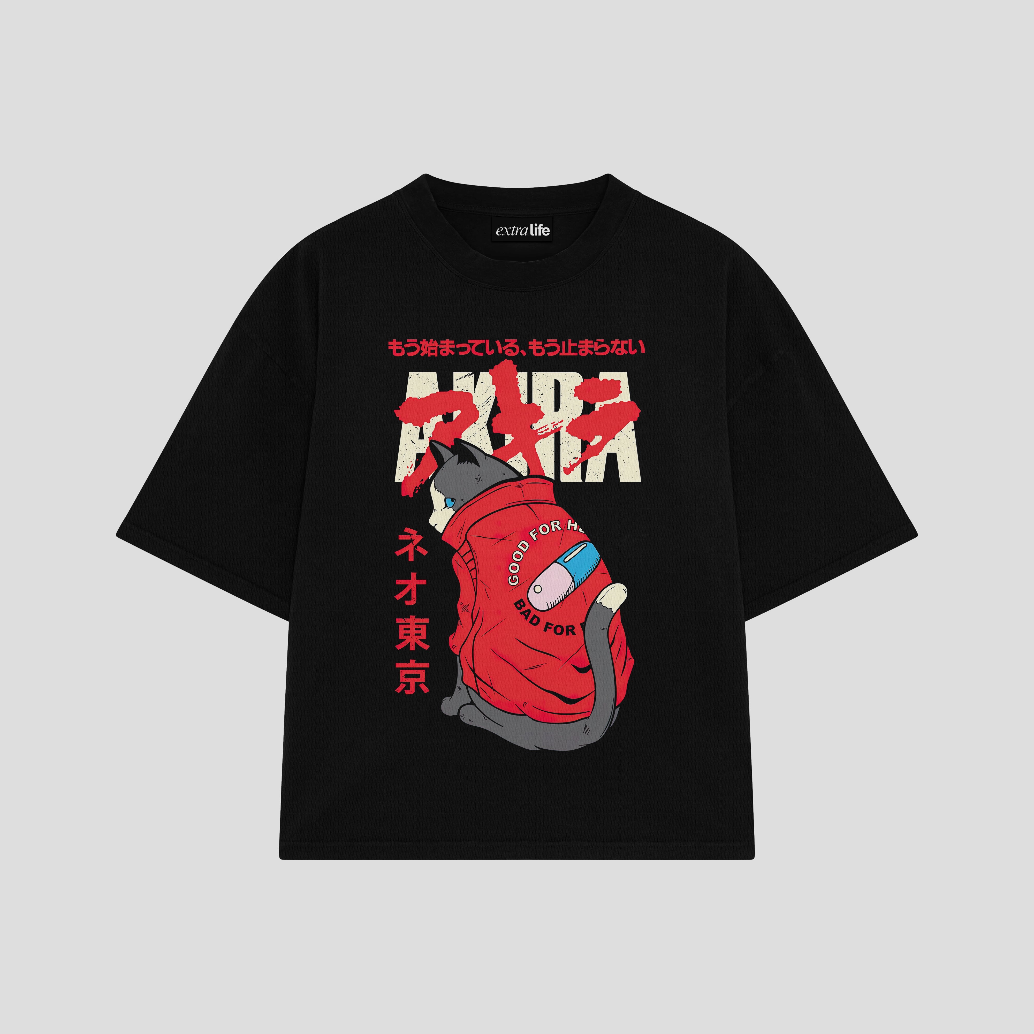 Playera streetwear premium de anime y gaming ExtraLife MX, corte boxy oversized drop shoulder heavyweight en color Deep Black y Off-White, moda urbana mexicana de culto.