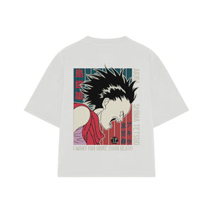 Playera streetwear premium de anime y gaming ExtraLife MX, corte boxy oversized drop shoulder heavyweight en color Deep Black y Off-White, moda urbana mexicana de culto.