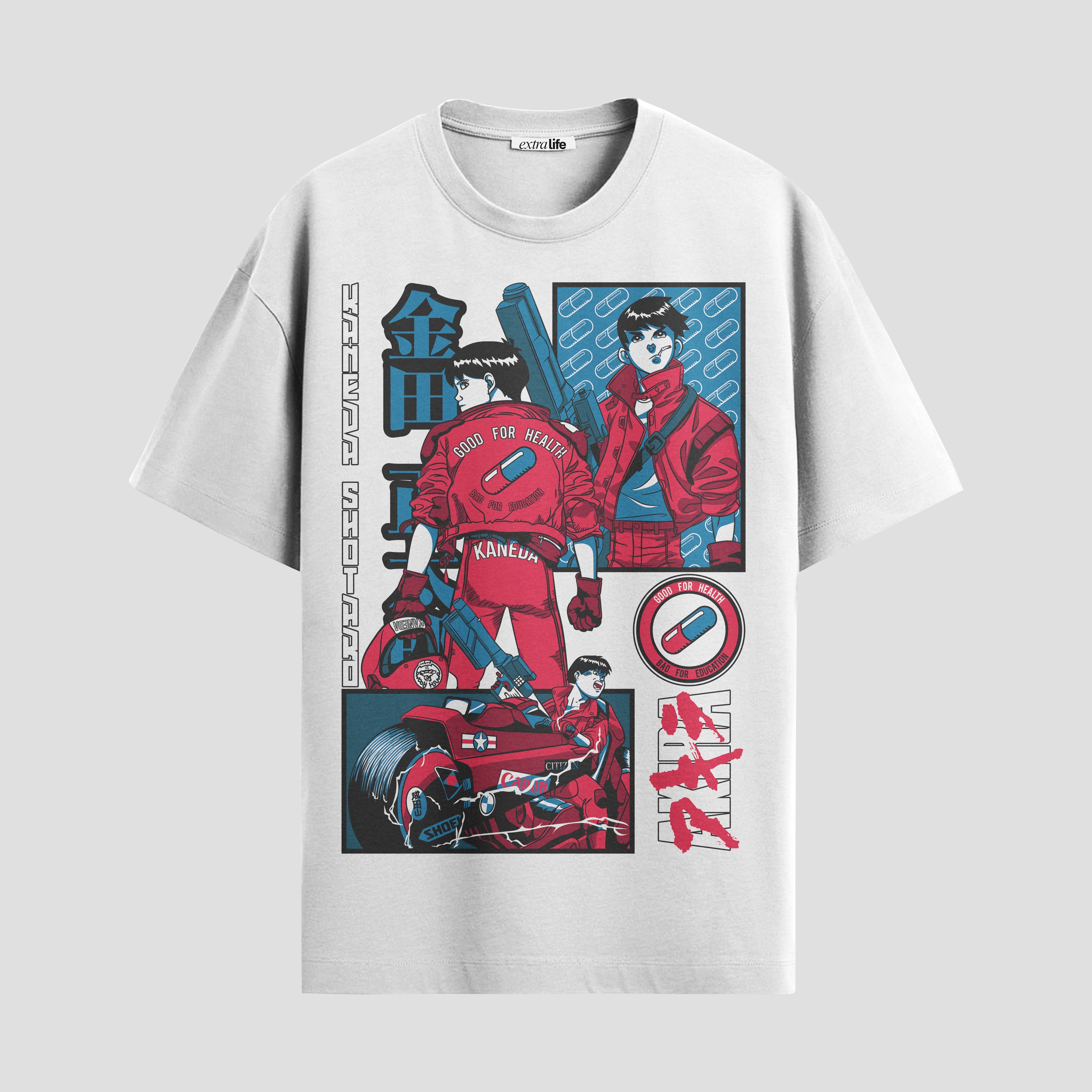 Playera urbana de anime y gaming ExtraLife MX, corte Standard Fit unisex ligero y transpirable en color Deep Black y Pure White, ropa de uso diario para gym y casual.
